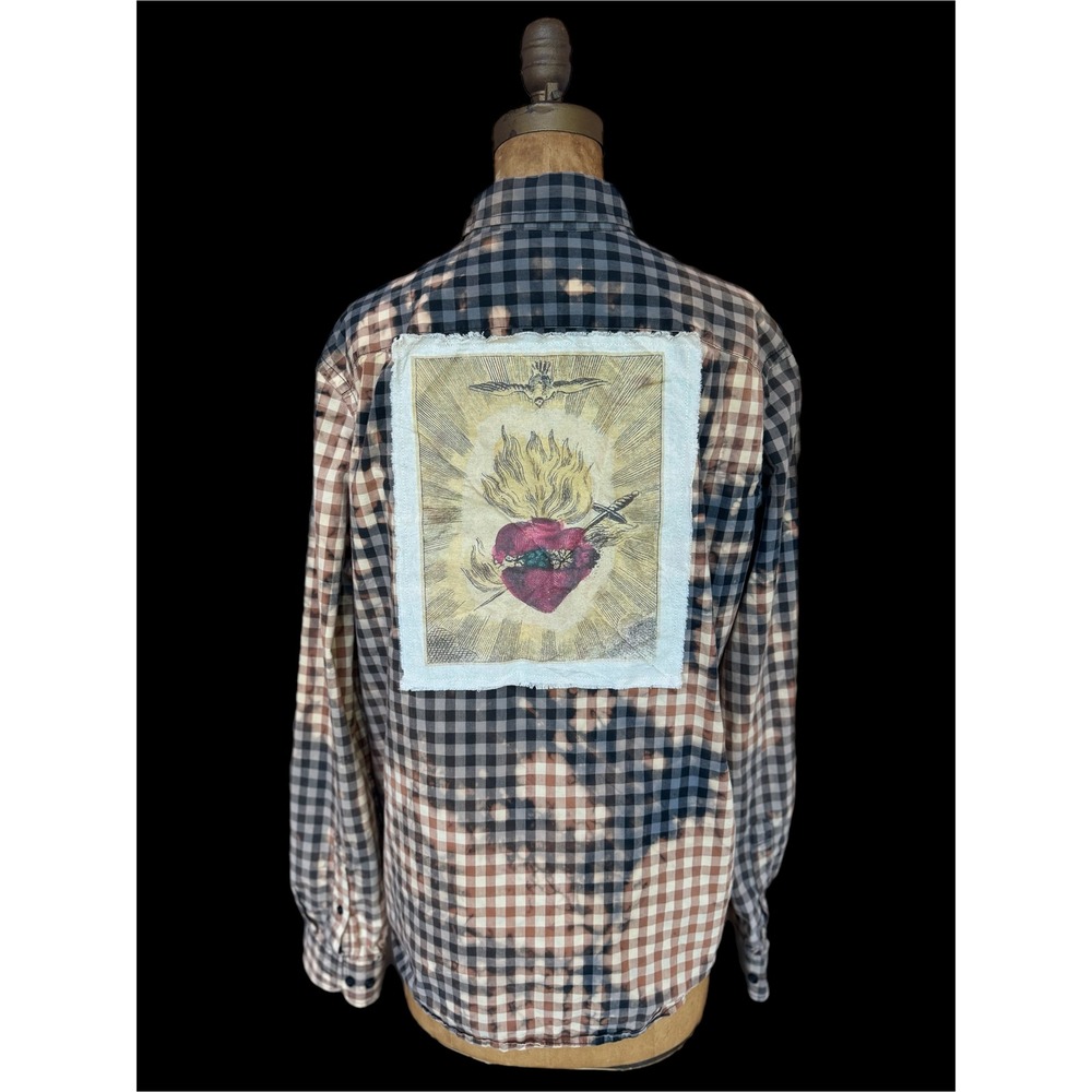 Moonshine Salvage Sacred Heart Bleached Flannel Shirt Upcycled Cotton Art L